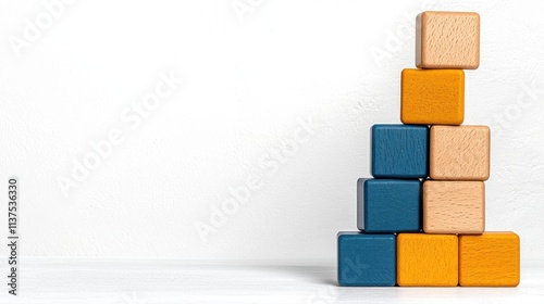 A photostock of colorful toy blocks stacked in a pyramid shape, isolated on a white background, playful and educational, High Quality photo