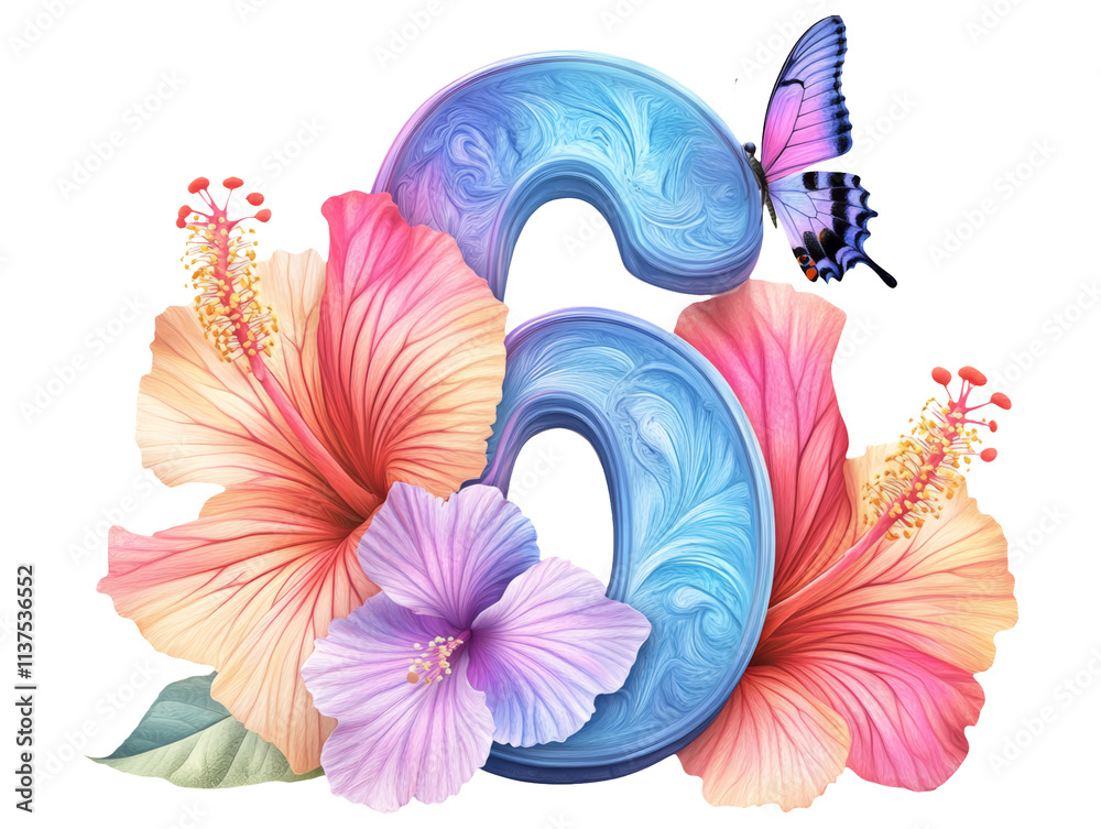 Fototapeta premium Colorful Number Six with Floral Hibiscus and Butterfly Wings Design