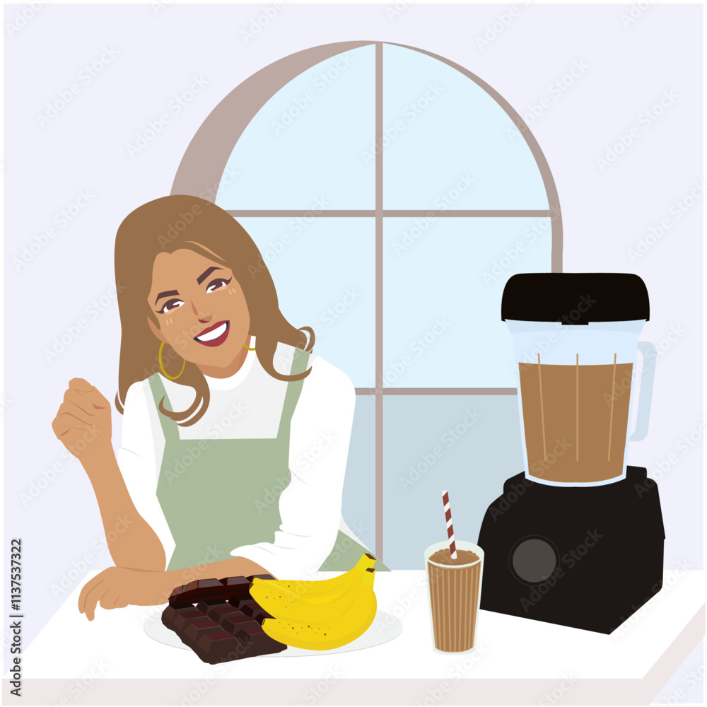 Woman Making Banana Choco smoothie Woman Making Banana Choco smoothie