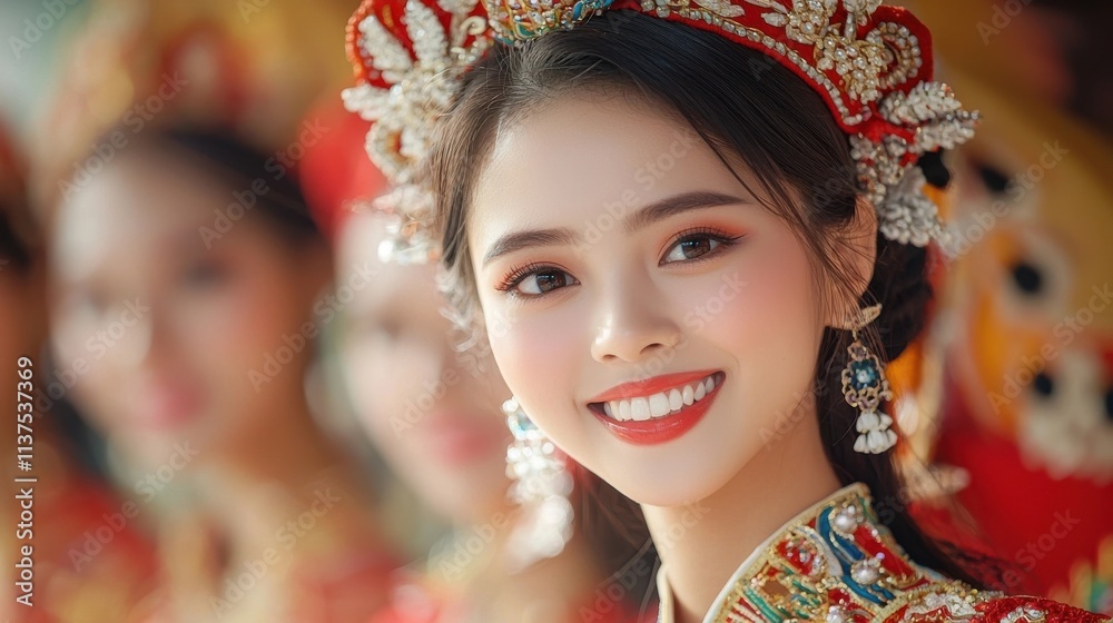 Joyful and Radiant Asian Woman Wearing Elaborate Traditional Dress Jewelry and Ornate Crown Headpiece Expressing Happiness and Joyful and Radiant Asian Woman Wearing Elaborate Traditional Dress Jewelry and Ornate Crown Headpiece Expressing Happiness and