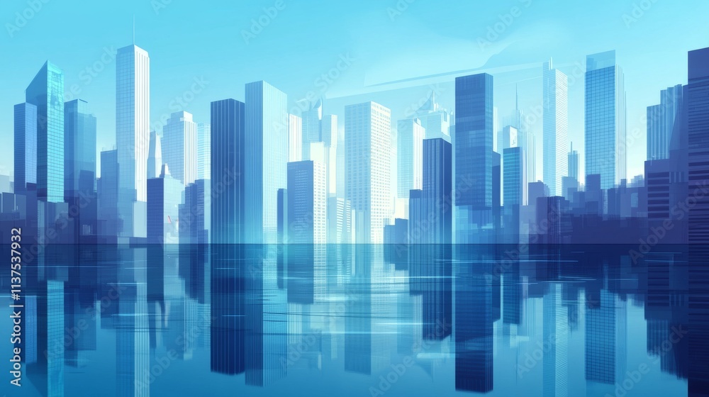 A digital rendering of a futuristic city with sleek blue skyscrapers reflected on a calm body of water. The clean lines and glass facades create a modern and futuristic atmosphere, ideal for A digital rendering of a futuristic city with sleek blue skyscrapers reflected on a calm body of water. The clean lines and glass facades create a modern and futuristic atmosphere, ideal for