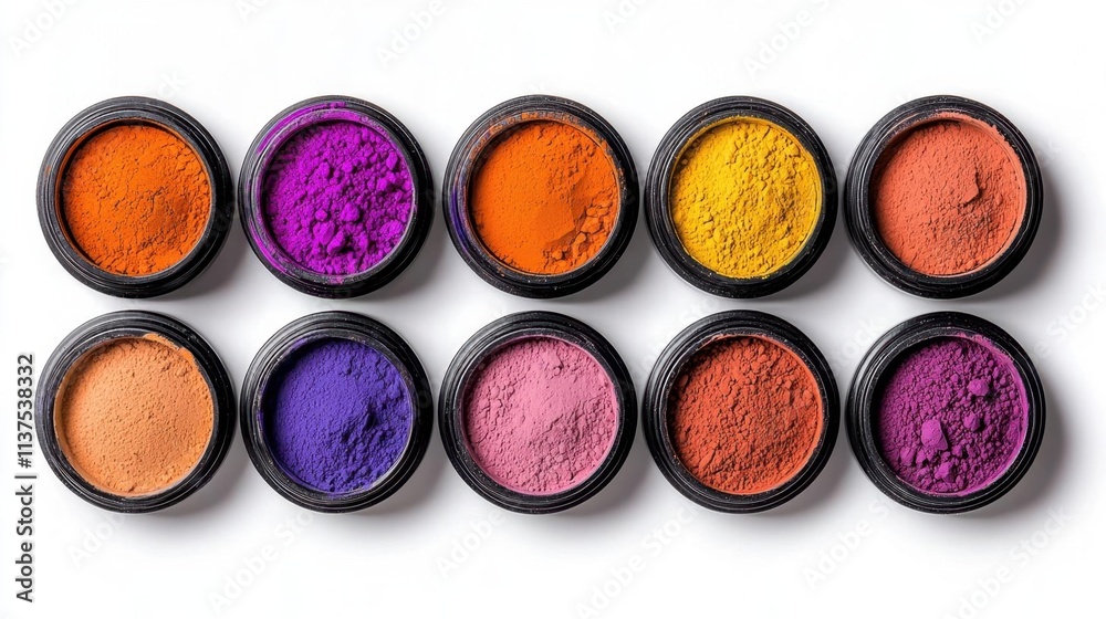 A photostock of vibrant pigment powders in jars, arranged neatly on a white background, colorful and vivid, High Quality A photostock of vibrant pigment powders in jars, arranged neatly on a white background, colorful and vivid, High Quality