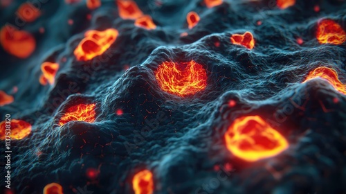 Cancer cells idea. Close-up view of vibrant cells with glowing details showcasing intricate structures.