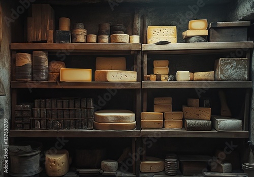 Wallpaper Mural Assorted Cheeses on Wooden Shelves in Underground Storage. AI generated illustration Torontodigital.ca