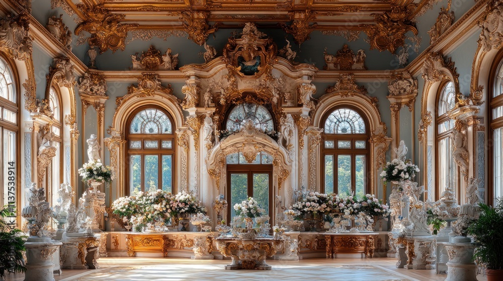 Fototapeta premium Ornate interior with floral arrangements and intricate architectural details.