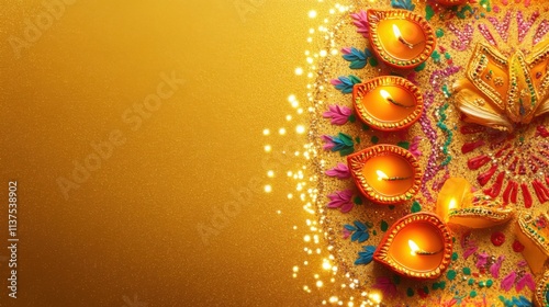 A vibrant Diwali scene with oil lamps and colorful rangoli designs against a festive background, macro shot, Minimalist style photo