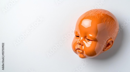 A photostock of a baby doll head with lifelike details, isolated on a white surface, realistic and intricate, High Quality photo