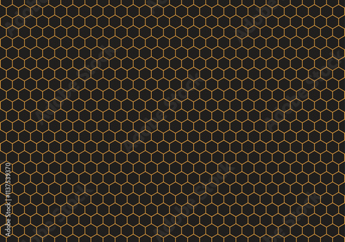 A honeycomb gold color pattern texture background features intricate hexagonal shapes with a metallic sheen, creating a luxurious and captivating visual effect.