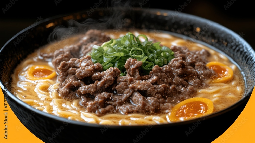 Delicious beef ramen with egg and scallions. Delicious beef ramen with egg and scallions.