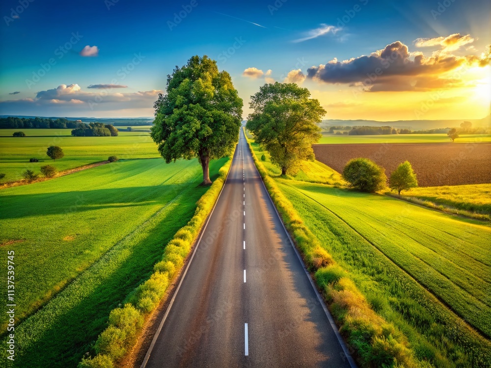 Obraz premium Long Straight Road Rural Landscape, Country Road Photography, Scenic Highway, Straight Road Rural Area, Open Road Countryside, Asphalt Road, Summer Country Drive