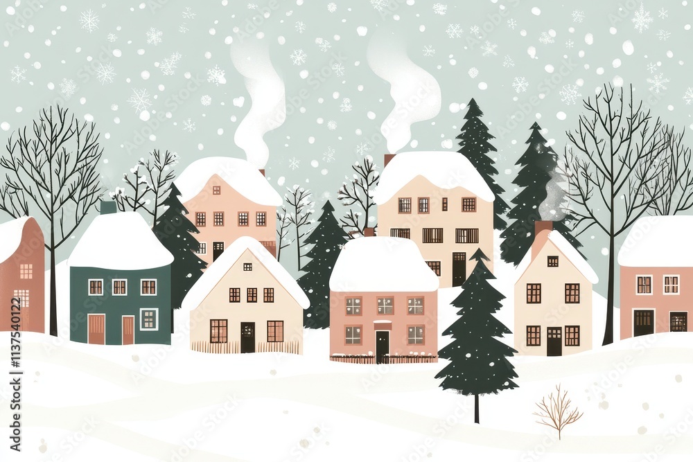 Fototapeta premium Snowy Village Landscape with Houses, Trees, and Falling Snow