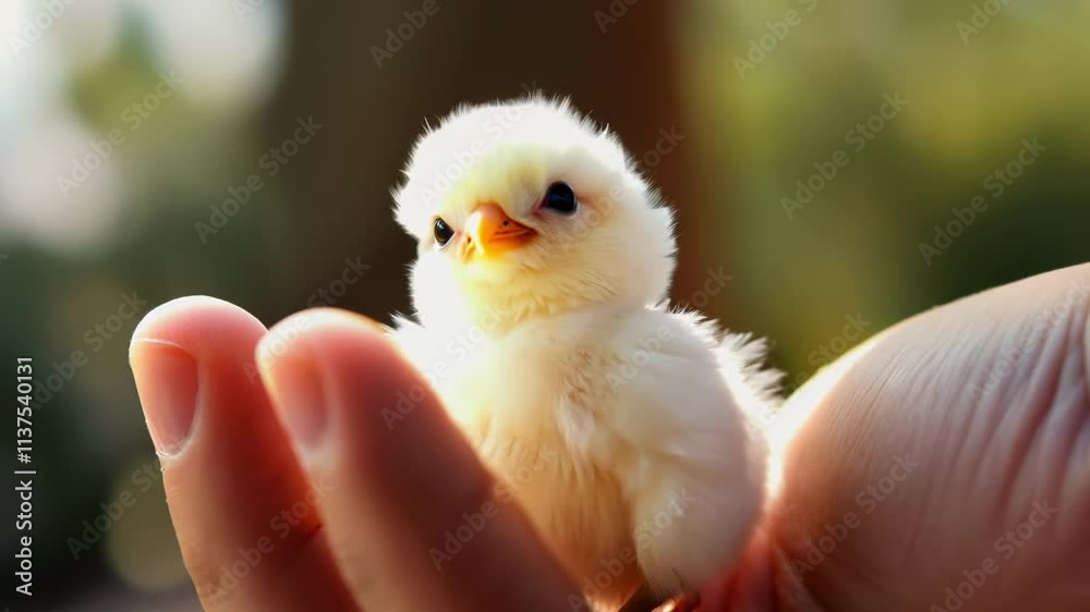 A tiny yellow chick sitting comfortably on a human hand. The scene radiates cuteness, warmth, and a sense of trust and care. A tiny yellow chick sitting comfortably on a human hand. The scene radiates cuteness, warmth, and a sense of trust and care.
