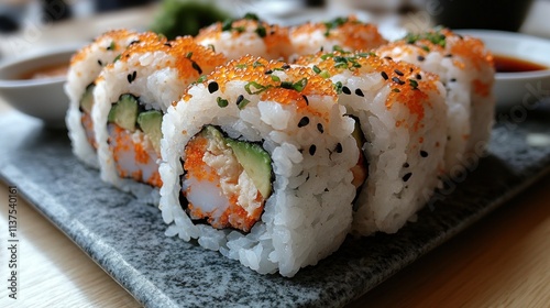 Delicious California roll sushi with avocado, crab, and tobiko.