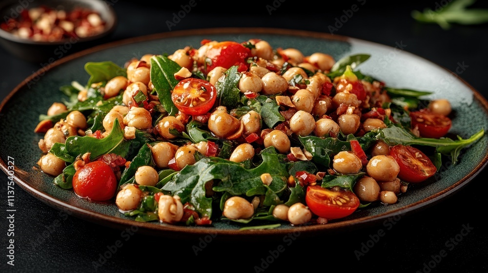 Delicious chickpea salad with tomatoes and spinach. Delicious chickpea salad with tomatoes and spinach.
