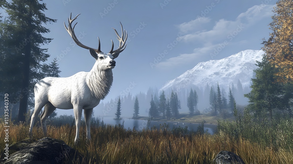 Obraz premium A majestic white deer with perfect antlers, and with beautiful views of the pine forest