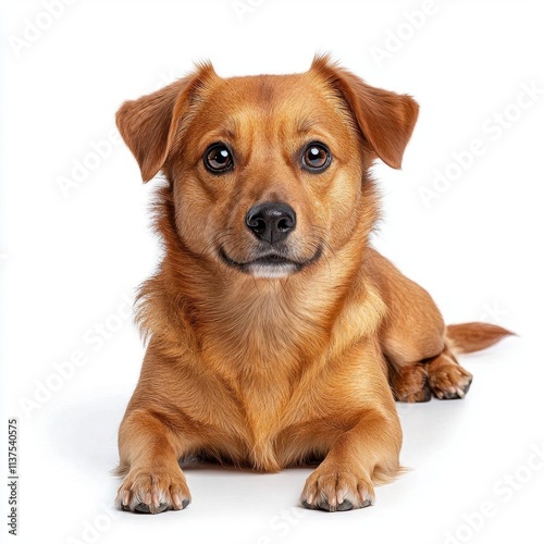 A photostock of a cute brown dog lying down, isolated on a clean white background, loyal and adorable, High Quality