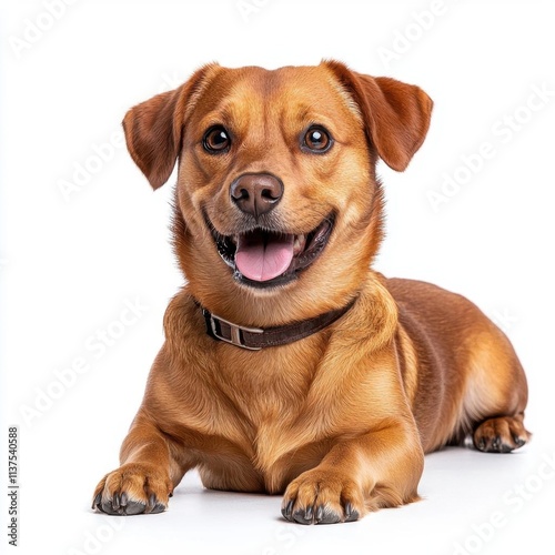 A photostock of a cute brown dog lying down, isolated on a clean white background, loyal and adorable, High Quality