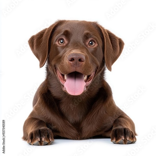 A photostock of a cute brown dog lying down, isolated on a clean white background, loyal and adorable, High Quality photo