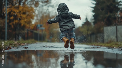 Child jumping into puddle on rainy day, playful moment in waterproof boots, joyful outdoor activity, autumn rain fun, reflections in water, carefree childhood adventure, rainy weather exploration.