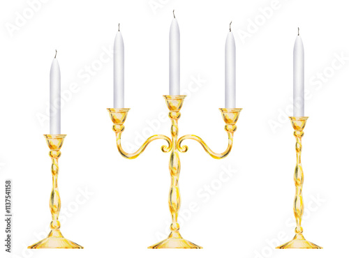 Watercolor isolated cliparts of elegant gold candelabra with three white candles and two candlesticks with candles. Perfect for weddings, event decor, romantic dinners, Valentine's Day, Christmas