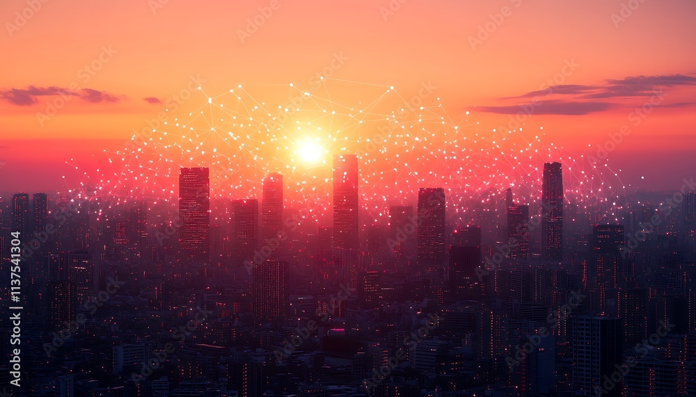 Connected Cityscape at Sunset Glowing Network Connected Cityscape at Sunset Glowing Network