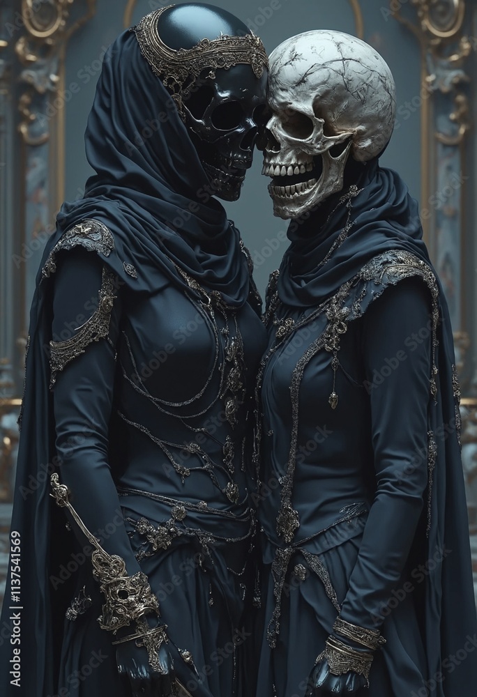 A beautiful dark warrior stands next to her wise skull friend A beautiful dark warrior stands next to her wise skull friend
