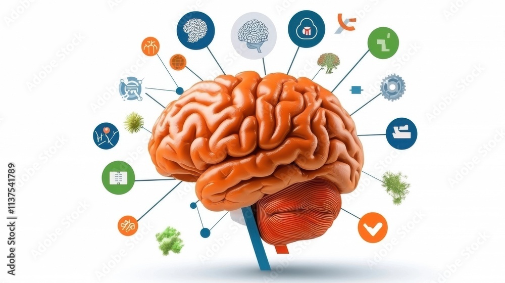 Conceptual of the human brain with interconnected neurons and various icons representing cognitive functions scientific research learning and innovation Conceptual of the human brain with interconnected neurons and various icons representing cognitive functions scientific research learning and innovation