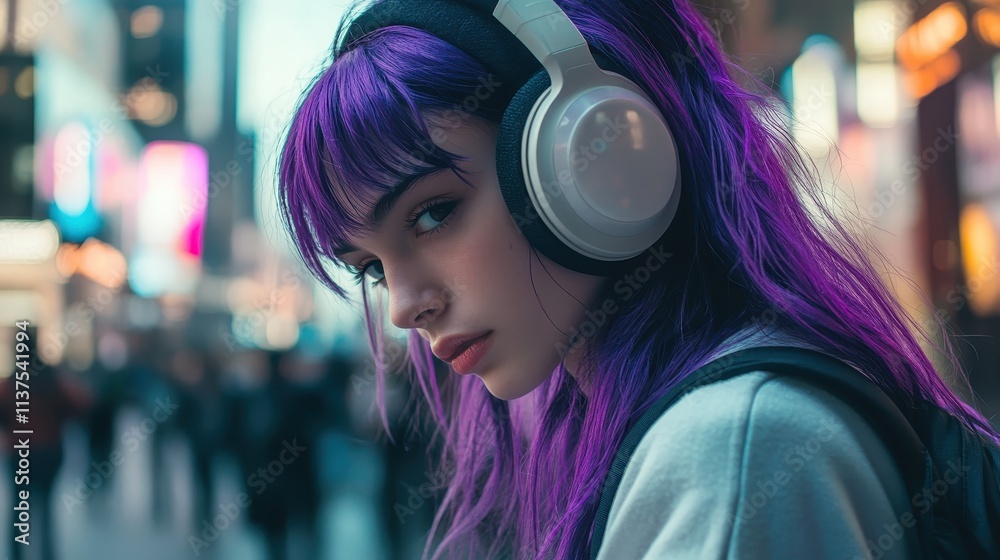 Stylish woman with vibrant purple hair and headphones, urban street portrait, modern city nightlife, futuristic style, young music lover, trendy fashion in neon-lit background, street photography. Stylish woman with vibrant purple hair and headphones, urban street portrait, modern city nightlife, futuristic style, young music lover, trendy fashion in neon-lit background, street photography.