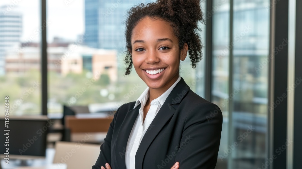 Confident businesswoman in modern office background Confident businesswoman in modern office background