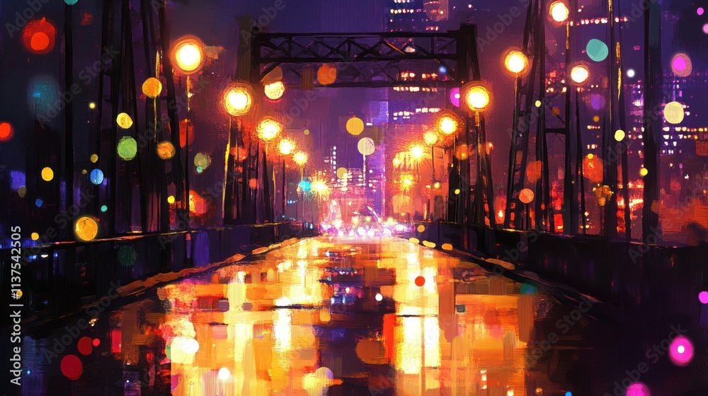 Fototapeta premium A vibrant night cityscape view from a wet bridge with colorful bokeh lights.