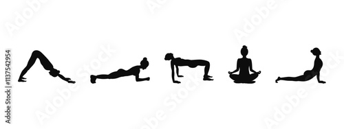 Set of black silhouettes of woman doing yoga poses and fitness exercises. Slim sportive women practice meditation and stretching. Asana Yoga complex. Healthy lifestyle concept. Vector illustration