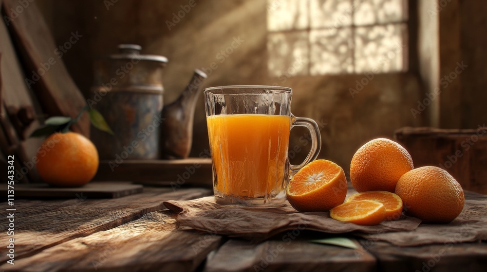 Freshly Squeezed Orange Juice in Rustic Setting with Fresh Oranges Freshly Squeezed Orange Juice in Rustic Setting with Fresh Oranges