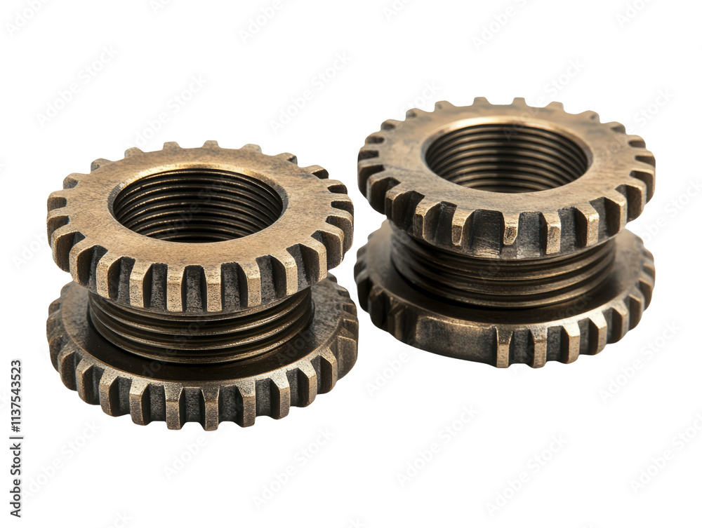 Isolated Brass Metal Gears on White Background for Industrial Use Isolated Brass Metal Gears on White Background for Industrial Use