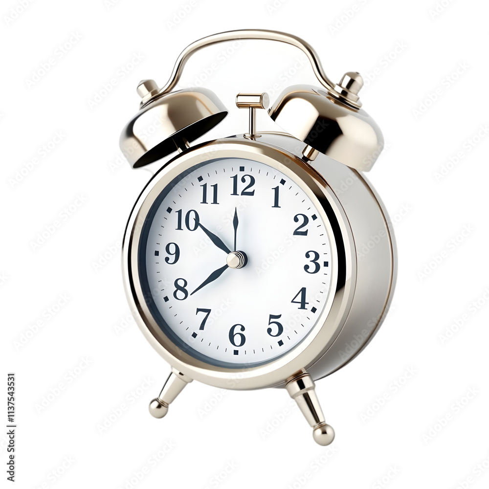 A detailed 3D alarm clock with classic bells and a white face, placed on a clean white background A detailed 3D alarm clock with classic bells and a white face, placed on a clean white background