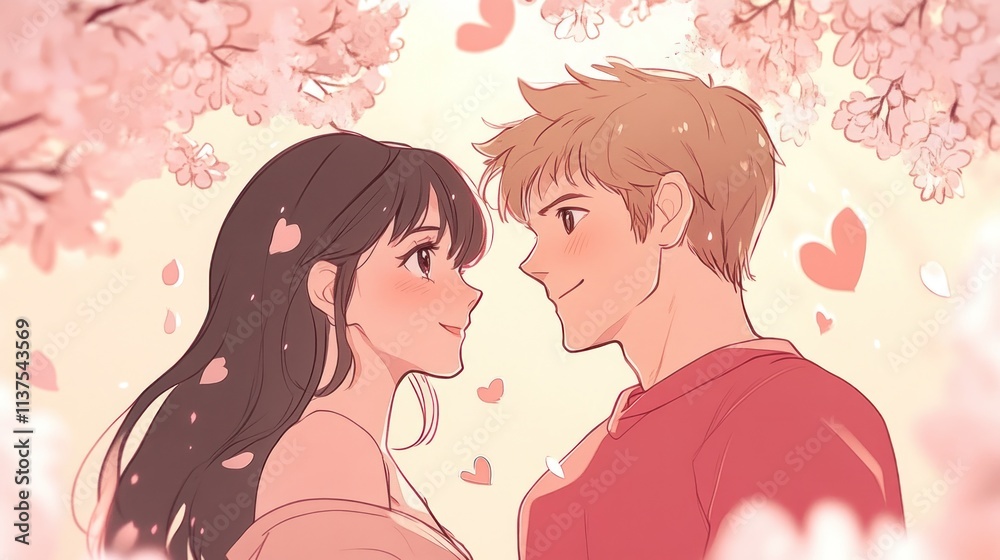 Romantic illustration couple under cherry blossoms Romantic illustration couple under cherry blossoms