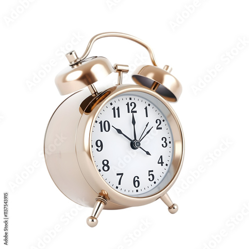 A detailed 3D alarm clock with classic bells and a white face, placed on a clean white background