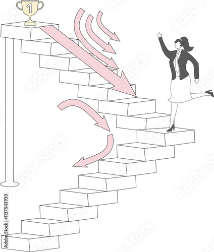 Full of courage and conviction, conquer adversity, challenge to overcome difficulties, obstacles or business problems, isometric businessman against falling arrows climbing up the stairs