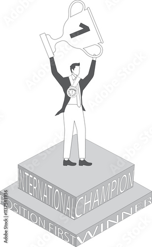 The first place winner, winning success and achievement, the best employee with the medal, isometric draped cape businessman standing next to the medal