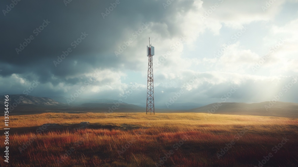 Isolated Communication Tower in a Vast Open Field Under Dramatic Sky Isolated Communication Tower in a Vast Open Field Under Dramatic Sky