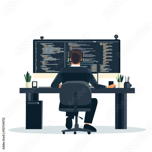 Programmer sits at a table and works on a computer. 2d illustration. Isolated on transparent or white background