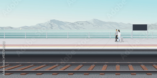 The platform of the seaside train station with a couple of lover dragging a suitcase walking have mountain range and blue sky background graphic illustration.