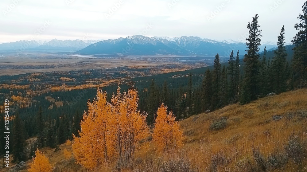 Scenic view of autumn foliage and mountains under a cloudy sky. Scenic view of autumn foliage and mountains under a cloudy sky.