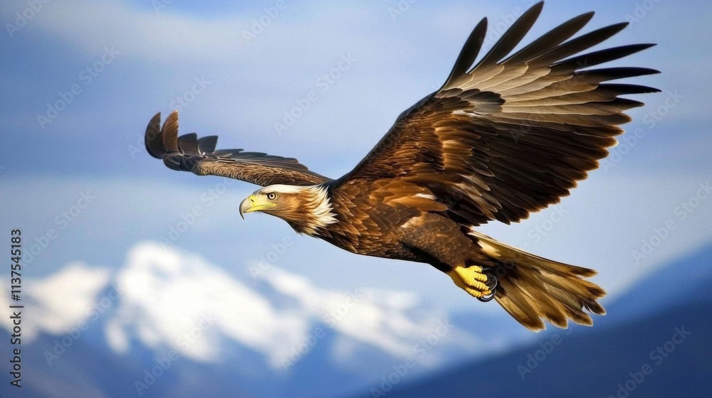 Fototapeta premium Majestic Eagle in Flight Against a Scenic Mountain Backdrop