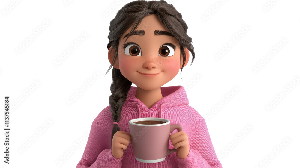 Cheerful young girl with braided hair holding a cup of coffee in a cozy pink hoodie on a transparent background. Cheerful young girl with braided hair holding a cup of coffee in a cozy pink hoodie on a transparent background.