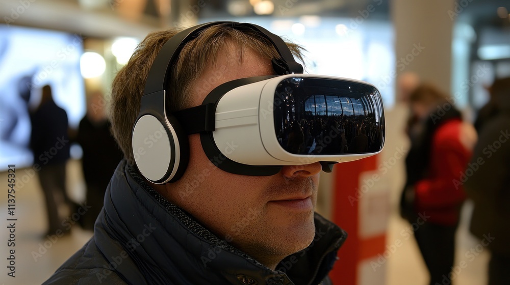 Man wearing white virtual reality headset, blurred background. Man wearing white virtual reality headset, blurred background.