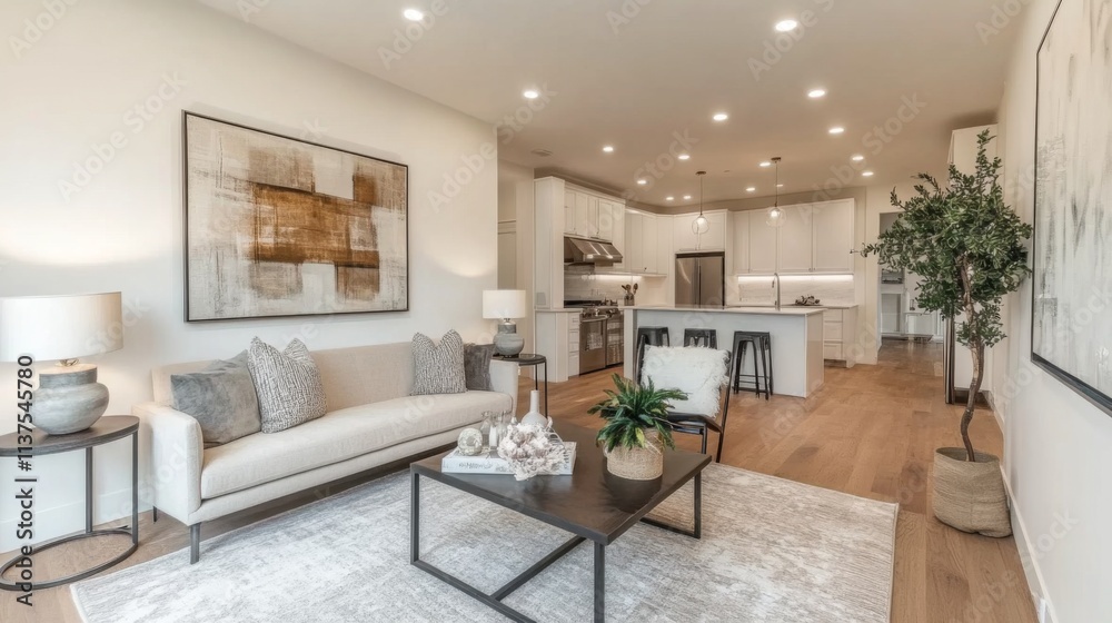 Fototapeta premium Modern Bright Living Room with Open Kitchen and Stylish Decor