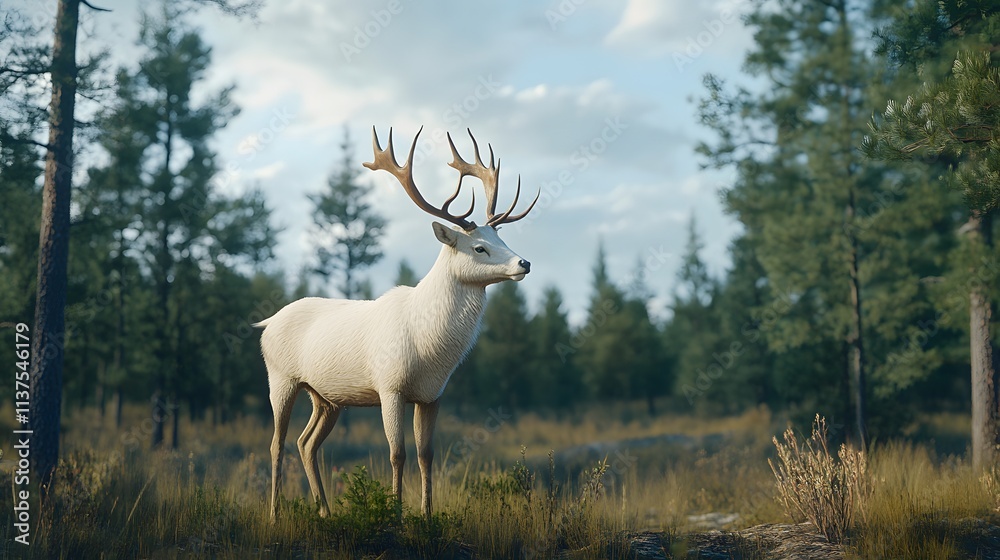 A majestic white deer with perfect antlers, and with beautiful views of the pine forest A majestic white deer with perfect antlers, and with beautiful views of the pine forest