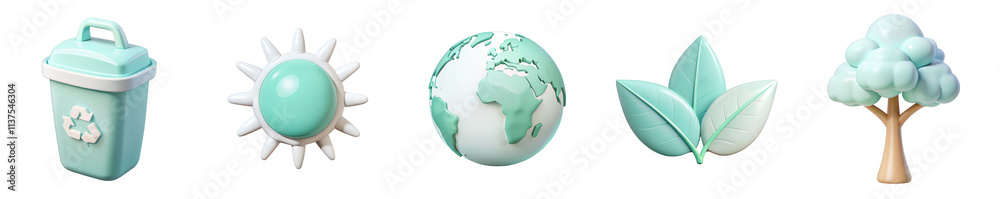 Naklejka premium The image features a collection of five mint-colored objects representing environmental themes: a trash can, sun, globe, leaves, and a tree.
