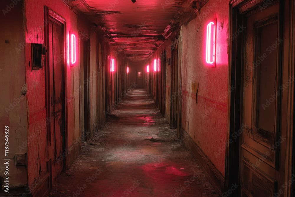 Dark Hallway Shines with Neon Lights Creeping Mysteriously Through the Building