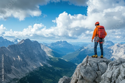 A Climber Stands on a Mountain Peak Overlooking a Vast Mountain Range